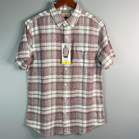 WEATHERPROOF NWT Mens Linen Red Plaid Short Sleeve Button Down Shirt Preppy S - Picture 13 of 13